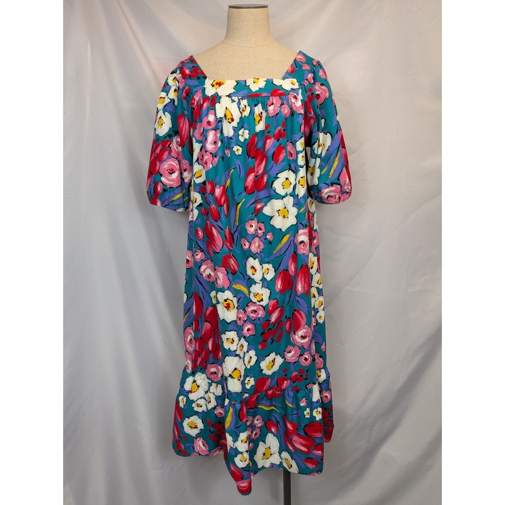 Floral Maxi‎ Dress Women's Medium Teal Pink Cottagecore Ruffle Hem Vandemere